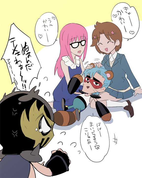 2boys, 2girls, airi_(hokuto_no_ken), anger_vein, angry, animal_ears, blue_dress, blue_hair