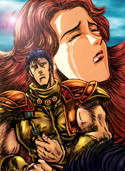 1boy, 1girl, armor, bird, crying, closed_eyes, flying, hokuto_no_ken