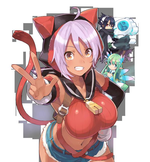 1boy, 2girls, black_hair, character_request, dark_skin, denneko_yuugi, dress, green_hair, hood, hoodie, long_hair, machina_of_the_planet_tree, multiple_girls, purple_hair, retla, retla_stoltein, seiju_no_kisin_-planet_ruler-, short_hair, short_shorts, shorts, smile, tagme, wings