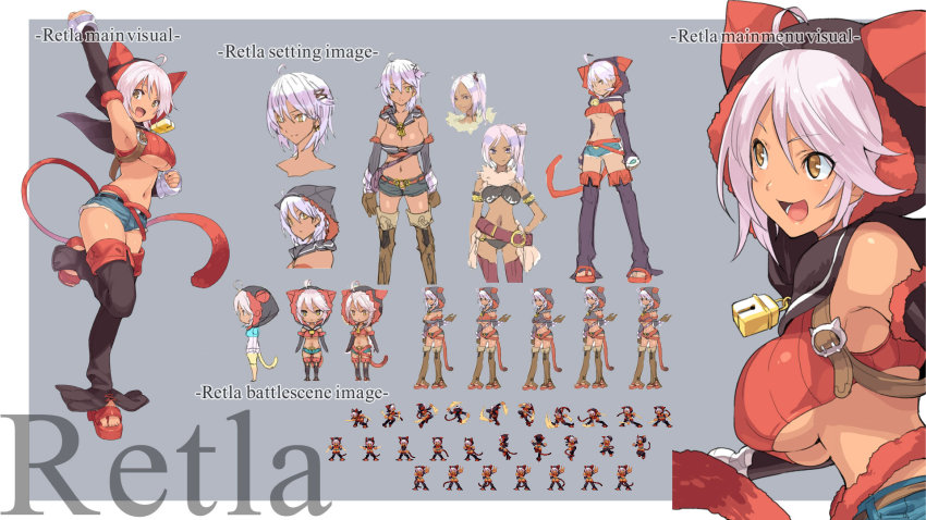 1girl, breasts, concept_art, dark-skinned_female, dark_skin, denneko_yuugi, female_focus, highres, hood, hoodie, machina_of_the_planet_tree, purple_hair, reference_sheet, retla, retla_stoltein, seiju_no_kisin_-planet_ruler-, short_hair, short_shorts, shorts, solo, tagme, tail, underboob, yellow_eyes