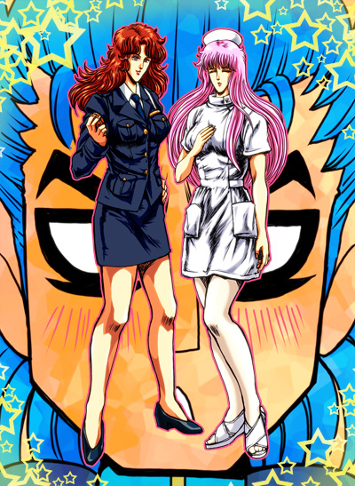 2girls, airi_(hokuto_no_ken), blue_hair, blush, closed_eyes, dd_hokuto_no_ken, formal_clothes, hand_on_own_chest