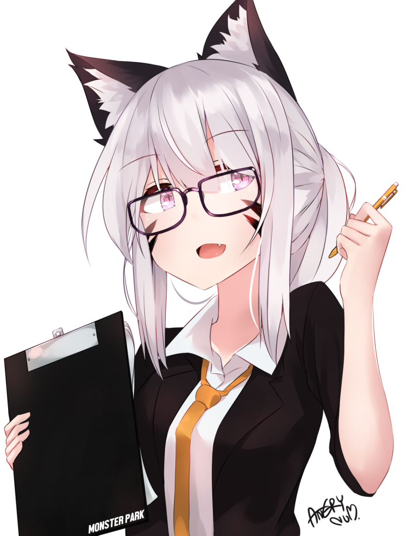 1girl, animal_ears, artist_name, cat_ears, clipboard, fang, feena_(angry_num), female_focus, glasses, highres, jacket, necktie, num_(angrynum), open_mouth, original, pen, purple_eyes, sidelocks, solo, upper_body, white_hair