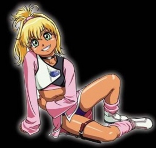 00s, 1girl, arm_support, bare_legs, blonde_hair, breasts, dark-skinned_female, dark_skin