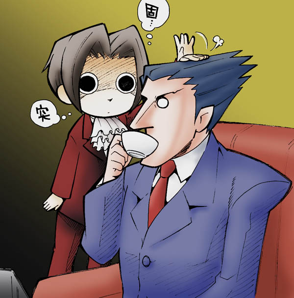 2boys, ace_attorney, ascot, beeworks, blue_hair, capcom, chabudai_(chabu), cup