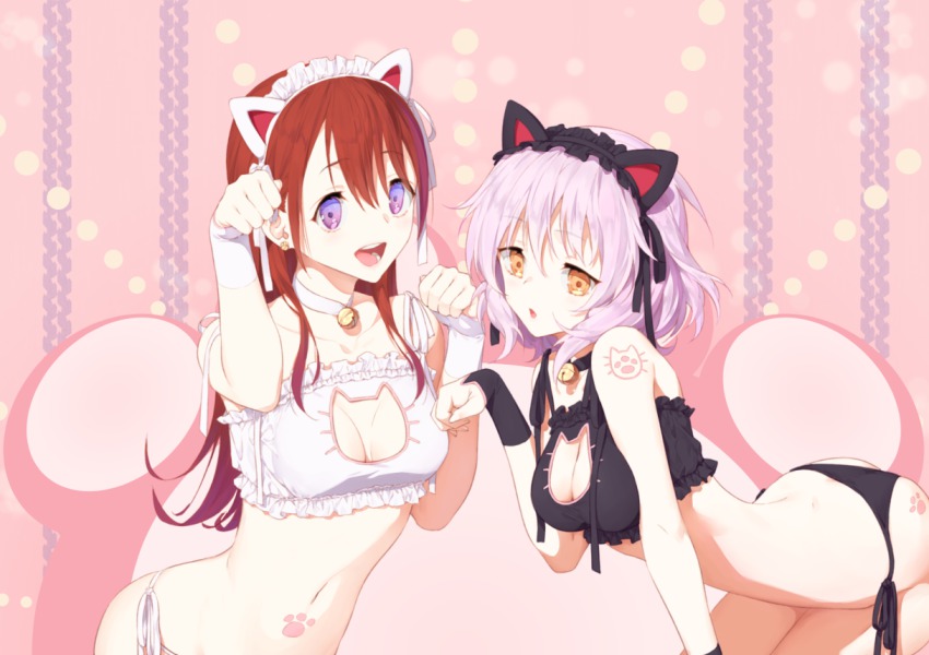 2girls, :d, :o, animal_ears, ass, bell, black_panties, breasts
