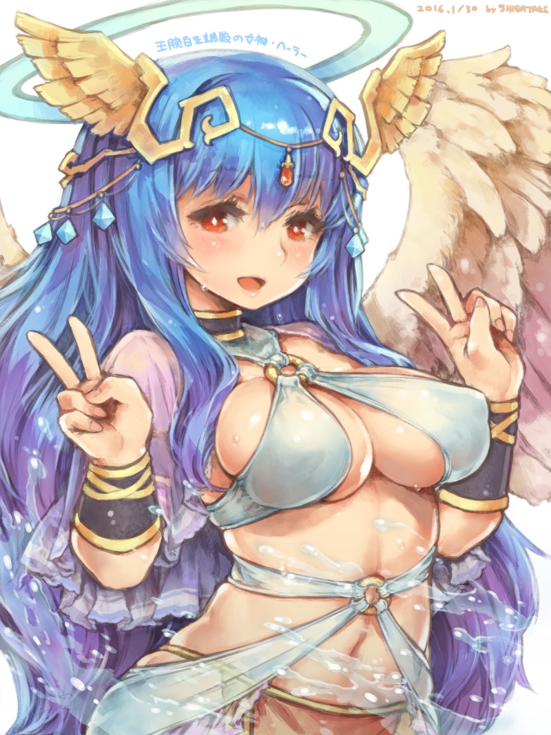 1girl, angel_wings, blue_hair, blush, bracer, breasts, bright_pupils, cleavage