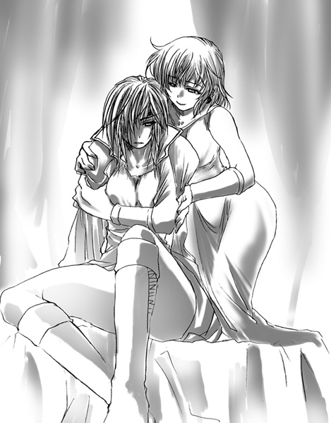 1990s_(style), 2girls, androgynous, faris_scherwiz, final_fantasy, final_fantasy_v, greyscale, kazaki