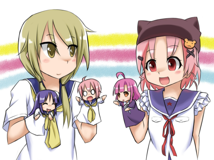 10s, 2girls, company_connection, female_focus, gakkou_gurashi!, hand_puppet, hat, highres, hinata_yukari, hirayama_tsuya, ichii_yui, manga_time_kirara, multiple_girls, nonohara_yuzuko, pink_hair, puppet, purple_hair, sakura_megumi, school_uniform, serafuku, takeya_yuki, upper_body, white_background, yuyushiki