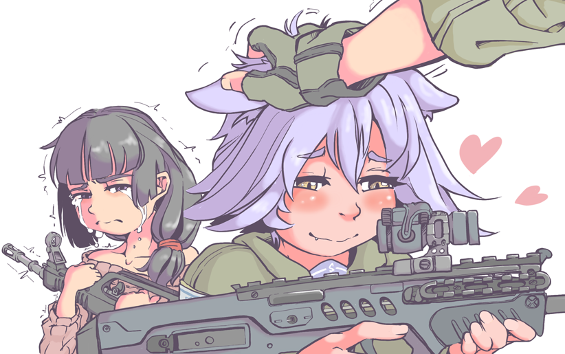2girls, animal_ears, assault_rifle, bare_shoulders, black_hair, brown_eyes, bullpup, crying