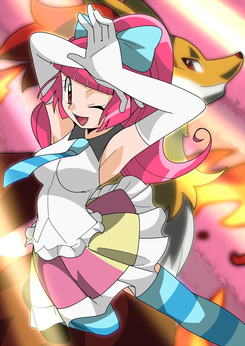 1girl, aria_(pokemon_anime), armpits, delphox, elbow_gloves, gen_6_pokemon, gloves, hainchu