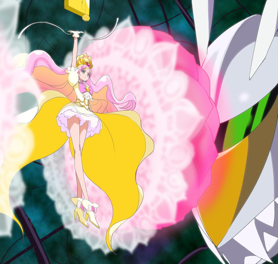 1girl, arm_up, bare_legs, blonde_hair, cure_flora, cure_flora_(grand_princess), gloves, go!_princess_precure, groin, haruno_haruka, haruyama_kazunori, legs, long_hair, magical_girl, multicolored_hair, panties, pantyshot, pink_hair, precure, stop_(precure), two-tone_hair, underwear, upskirt