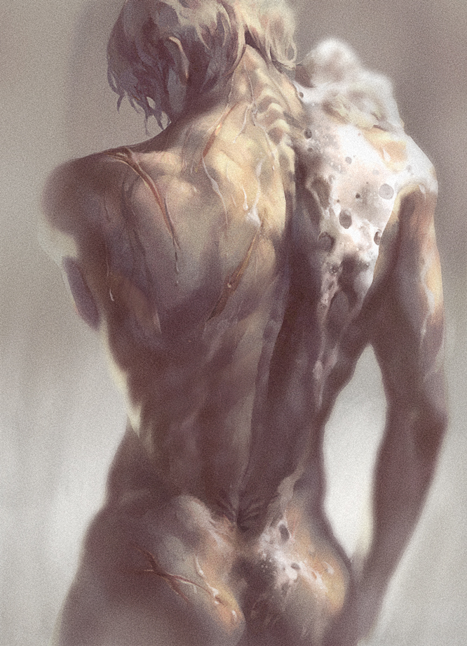 1boy, arm_at_side, ass, back, back_focus, bathing, dripping, from_behind, gintama, hangleing, head_down, male_focus, nude, oboro_(gintama), scar, showering, silver_hair, solo, spine, tattoo, upper_body, washing_back, wet
