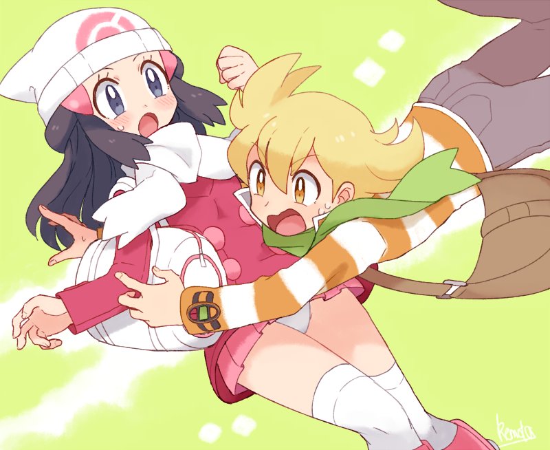 00s, 1boy, 1girl, bag, barry_(pokemon), beanie, black_hair, blonde_hair