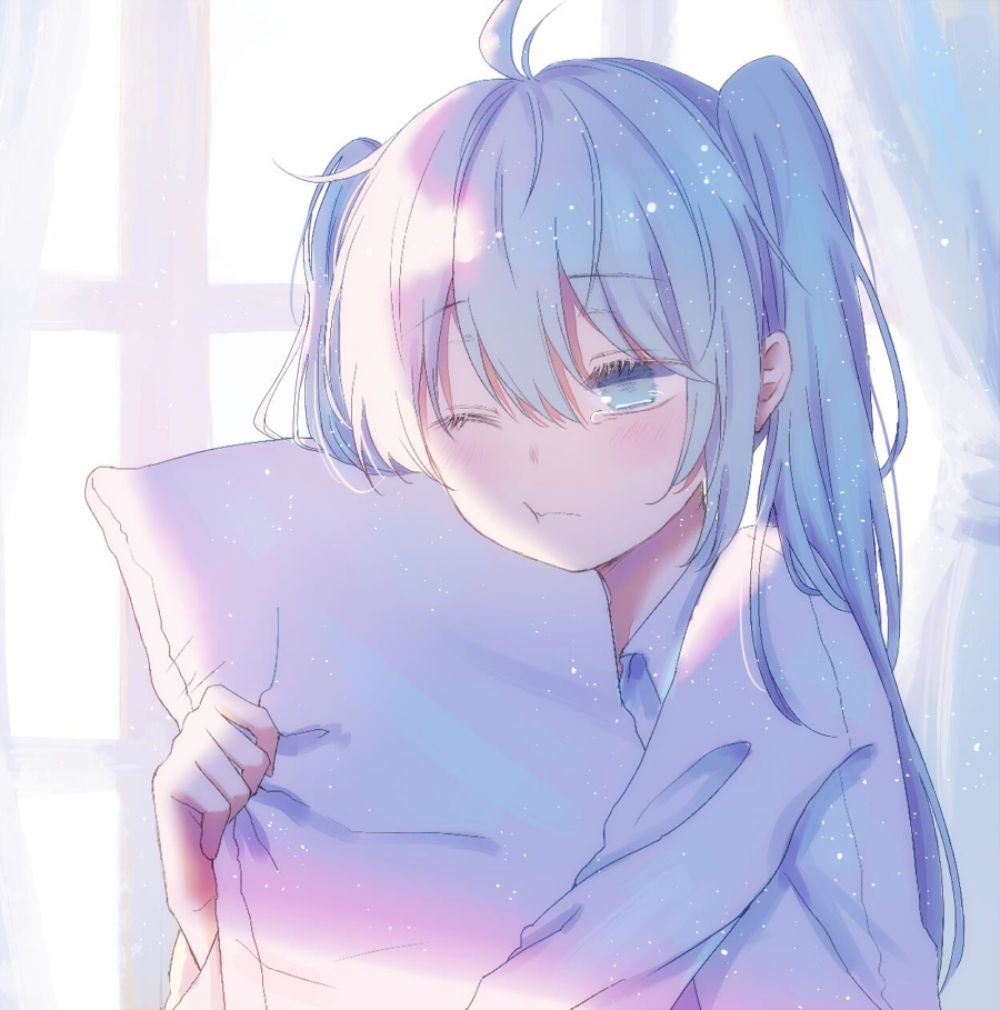 1girl, ahoge, aqua_eyes, aqua_hair, blush, curtains, female_focus, hatsune_miku
