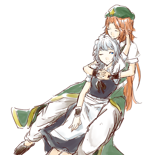 2girls, apron, bad_id, bad_pixiv_id, beret, between_legs, black_footwear, blue_dress, blue_eyes, braid, collared_shirt, dress, closed_eyes, green_skirt, green_vest, hand_on_lap, own_hands_clasped, hat, hong_meiling, hug, hug_from_behind, interlocked_fingers, izayoi_sakuya, long_hair, long_skirt, maid, maid_apron, maid_headdress, mitsu_(mitu_ll), multiple_girls, one_eye_closed, open_clothes, open_skirt, own_hands_together, pants, red_hair, ribbon, shirt, shoes, short_hair, silver_hair, simple_background, sitting, sketch, skirt, star_(symbol), touhou, twin_braids, very_long_hair, vest, white_background, white_pants, white_shirt, wristband