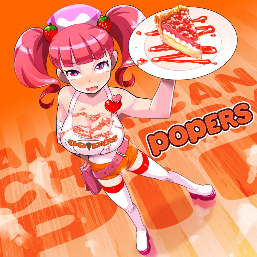 1girl, bag, bandages, belt, bemani, blush, boots, brand_name_imitation, breasts, cherry_pie, cleavage, clothes_writing, employee_uniform, female_focus, food, food_on_body, fruit, hair_ornament, hand_on_own_hip, handbag, heart, highres, hooters, large_breasts, looking_at_viewer, milk_(pop'n_music), open_mouth, osamu_yagi, pie, pink_hair, plate, pop'n_music, red_eyes, short_hair, short_shorts, shorts, smile, solo, strawberry, tank_top, tears, thigh_boots, thighhighs, twintails