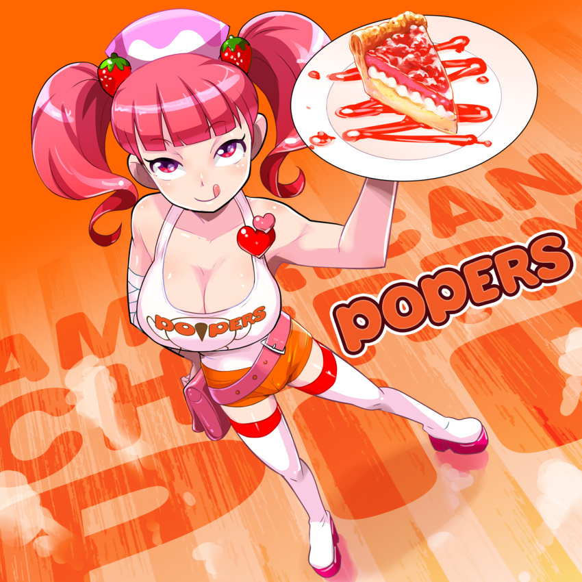 1girl, :p, bag, bandages, belt, bemani, blush, boots, brand_name_imitation, breasts, cherry_pie, cleavage, clothes_writing, employee_uniform, female_focus, food, from_above, fruit, hair_ornament, hand_on_own_hip, handbag, heart, highres, hooters, large_breasts, looking_at_viewer, milk_(pop'n_music), osamu_yagi, pie, pink_hair, plate, platform_boots, platform_footwear, pop'n_music, red_eyes, short_hair, short_shorts, shorts, smile, solo, strawberry, tank_top, thigh_boots, thighhighs, tongue, tongue_out, twintails