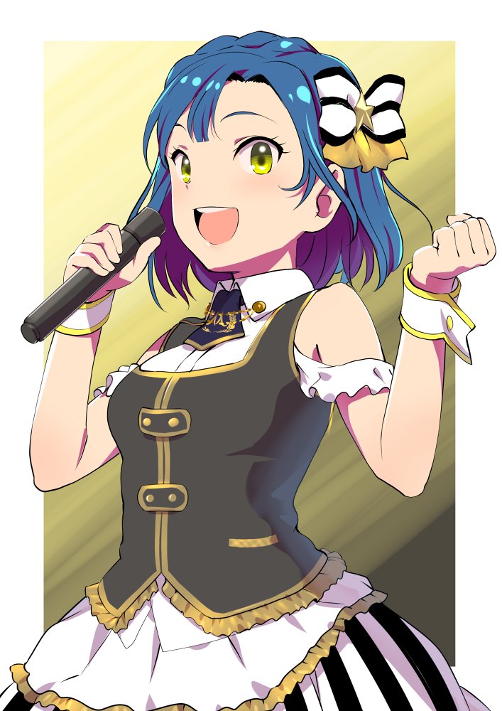 10s, 1girl, bad_id, bad_twitter_id, black_vest, blue_hair, bow, bracelet