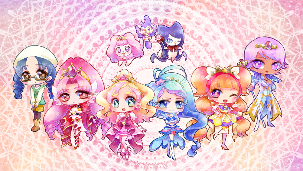 6+girls, akagi_towa, amanogawa_kirara, aroma_(precure), blonde_hair, bow, chibi, cure_flora