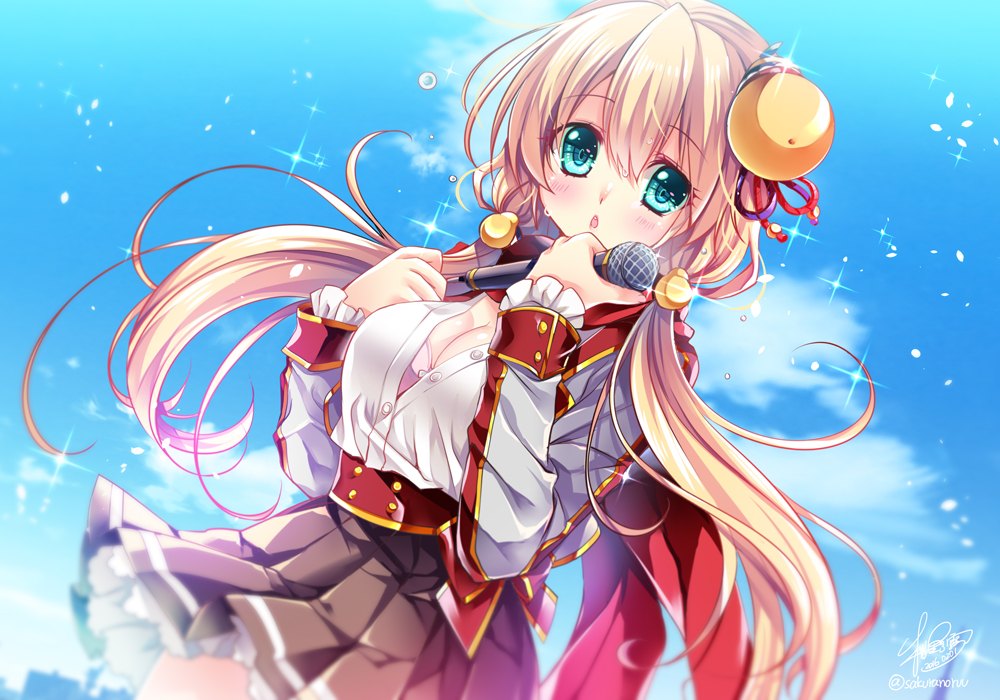 10s, 1girl, 2016, :o, black_skirt, blonde_hair, blue_eyes, blue_sky