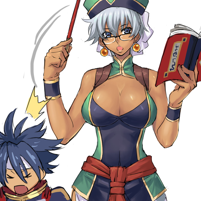 1boy, 1girl, afuranoru, blue_hair, book, breasts, cleavage, cleavage_cutout, clothing_cutout, dark_skin, earrings, glasses, hat, jewelry, large_breasts, maxi_(shinrabanshou), ran'ou_(tamago_no_kimi), shinrabanshou, silver_hair, teacher