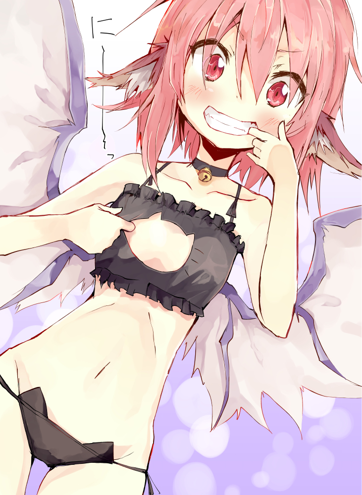 1girl, animal_ears, bell, bird_wings, blush, bra, cat_cutout, cat_ear_panties
