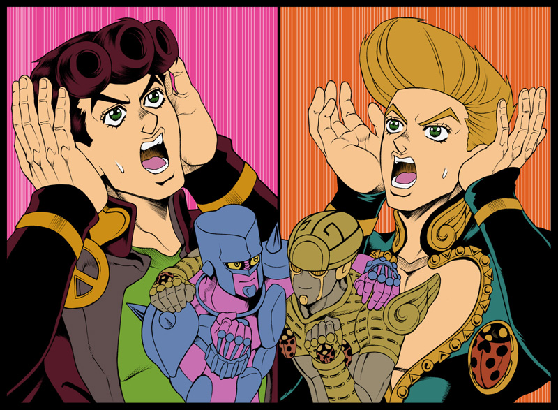 2boys, alternate_hairstyle, ashiro_(collective-mind), blonde_hair, bug, crazy_diamond, gakuran, giorno_giovanna