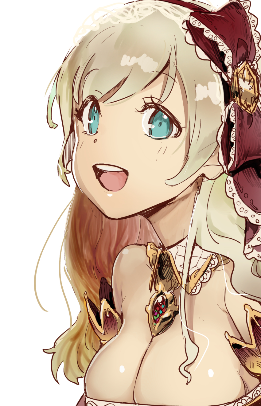 1girl, :d, aqua_eyes, blonde_hair, bow, breasts, cleavage, detached_collar