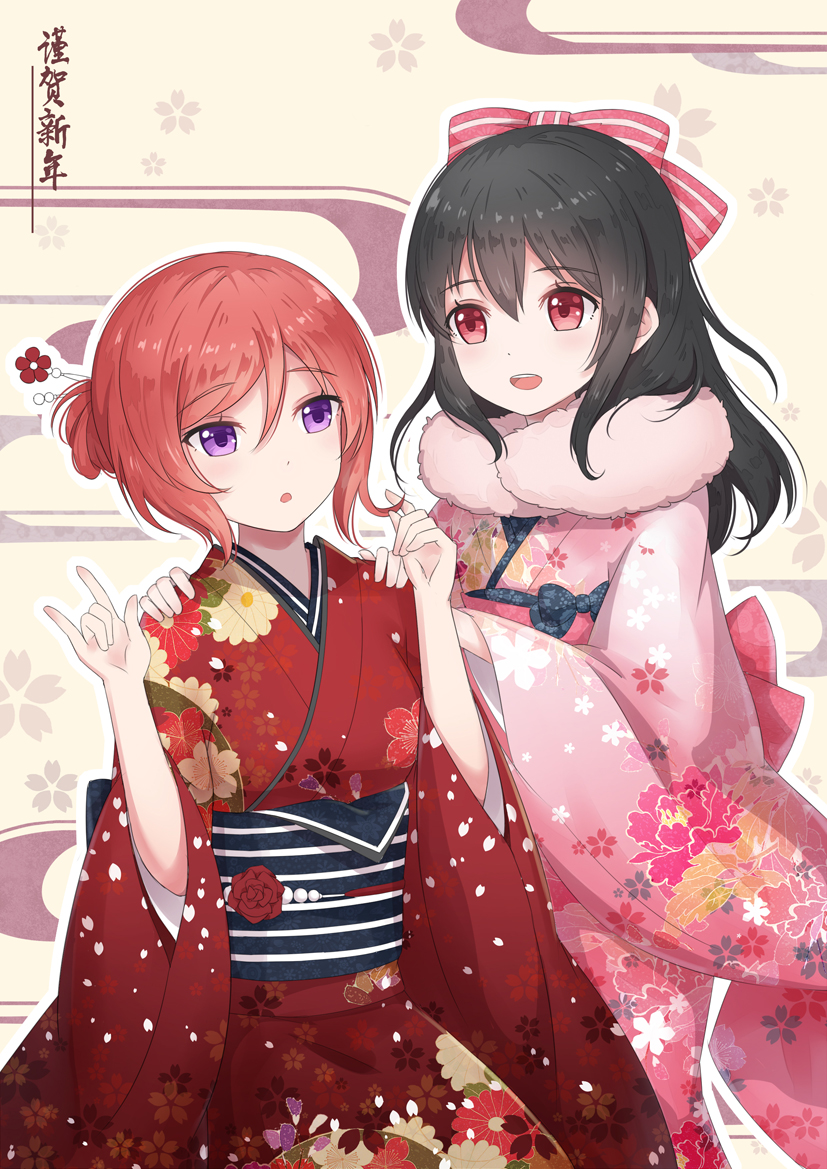 10s, 2girls, :o, black_hair, bow, hair_bow, hair_down, japanese_clothes