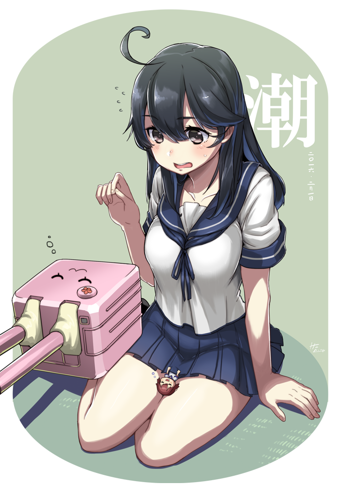 10s, 12.7cm_twin_gun_mount, 2girls, :3, ahoge, between_thighs, black_hair, blue_skirt