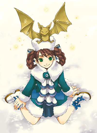 anastasia_(shadow_hearts), bat_(animal), boots, braid, braided_hair_rings, brown_hair, green_eyes, hair_rings