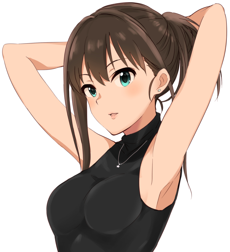 10s, 1girl, adjusting_hair, alternate_hairstyle, aqua_eyes, armpits, arms_up, bad_id