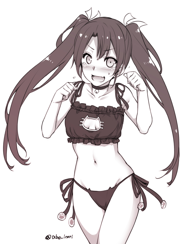 10s, 1girl, abe_inori, bell, blush, bra, breasts, cat_cutout