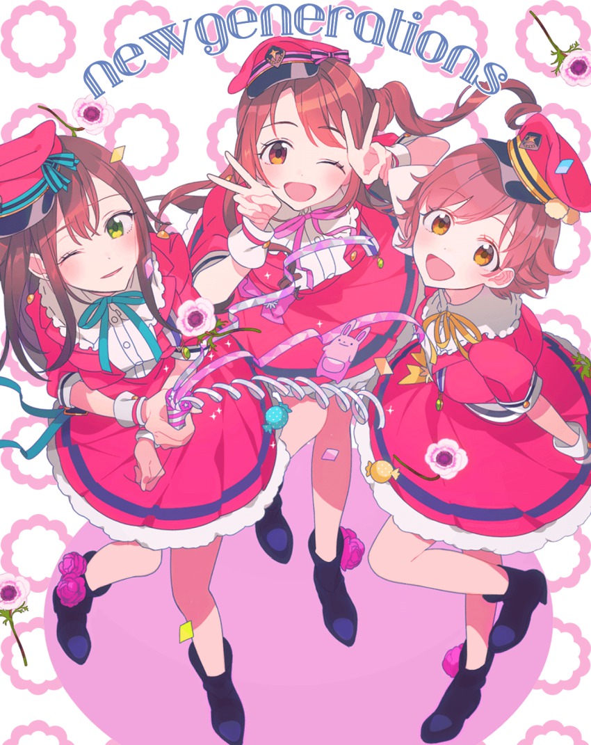 10s, 3girls, :d, ;d, bad_id, bad_twitter_id, brown_eyes, brown_hair