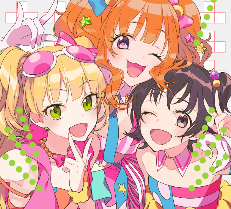 10s, 3girls, :d, ;3, ;d, akagi_miria, bad_id, bad_twitter_id, black_hair, blonde_hair, brown_eyes, brown_hair, detached_collar, hair_ornament, idolmaster, idolmaster_cinderella_girls, jougasaki_rika, long_hair, looking_at_viewer, moroboshi_kirari, multiple_girls, one_eye_closed, open_mouth, pikapikapop, shimacchaoune, short_hair, smile, star_(symbol), star_hair_ornament, twintails, two_side_up