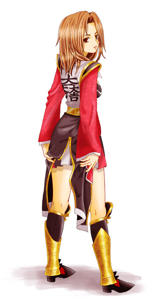 1girl, armor, armored_boots, ass, boots, brown_eyes, brown_hair, female_focus, from_behind, genderswap, genderswap_(mtf), ishida_mitsunari_(sengoku_musou), knee_boots, long_sleeves, looking_back, military, military_uniform, mitsunari_ishida, sengoku_musou, sengoku_musou_2, short_hair, solo, standing