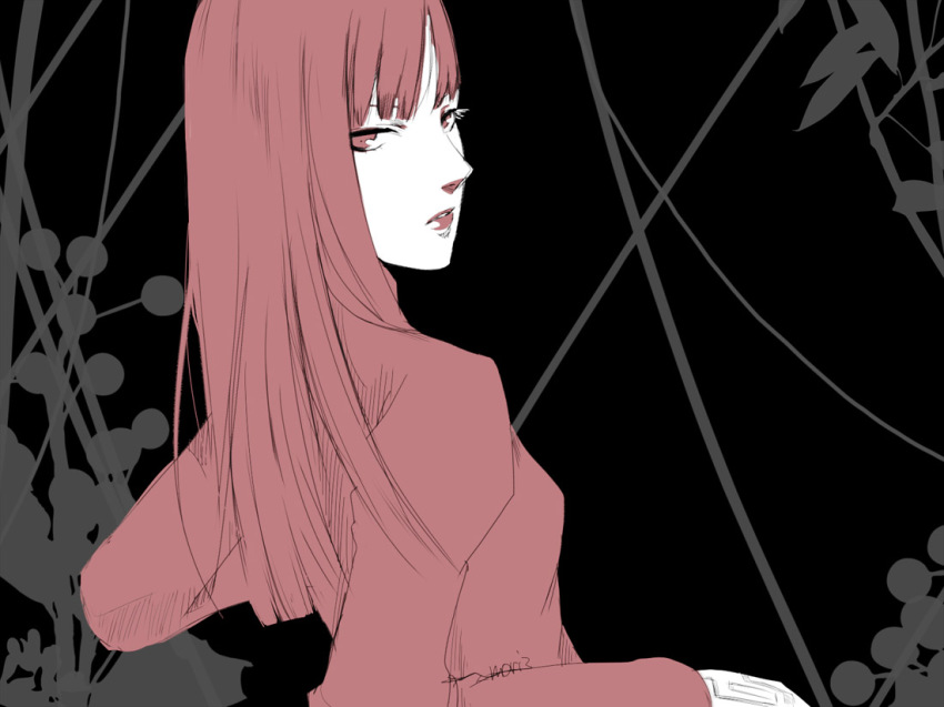 1girl, black_background, blunt_bangs, devil_summoner:_soul_hackers, devil_summoner_(series), female_focus, lipstick, long_hair, looking_at_viewer, makeup, monochrome, moriririnn, naomi_(soul_hackers), parted_lips, signature, solo