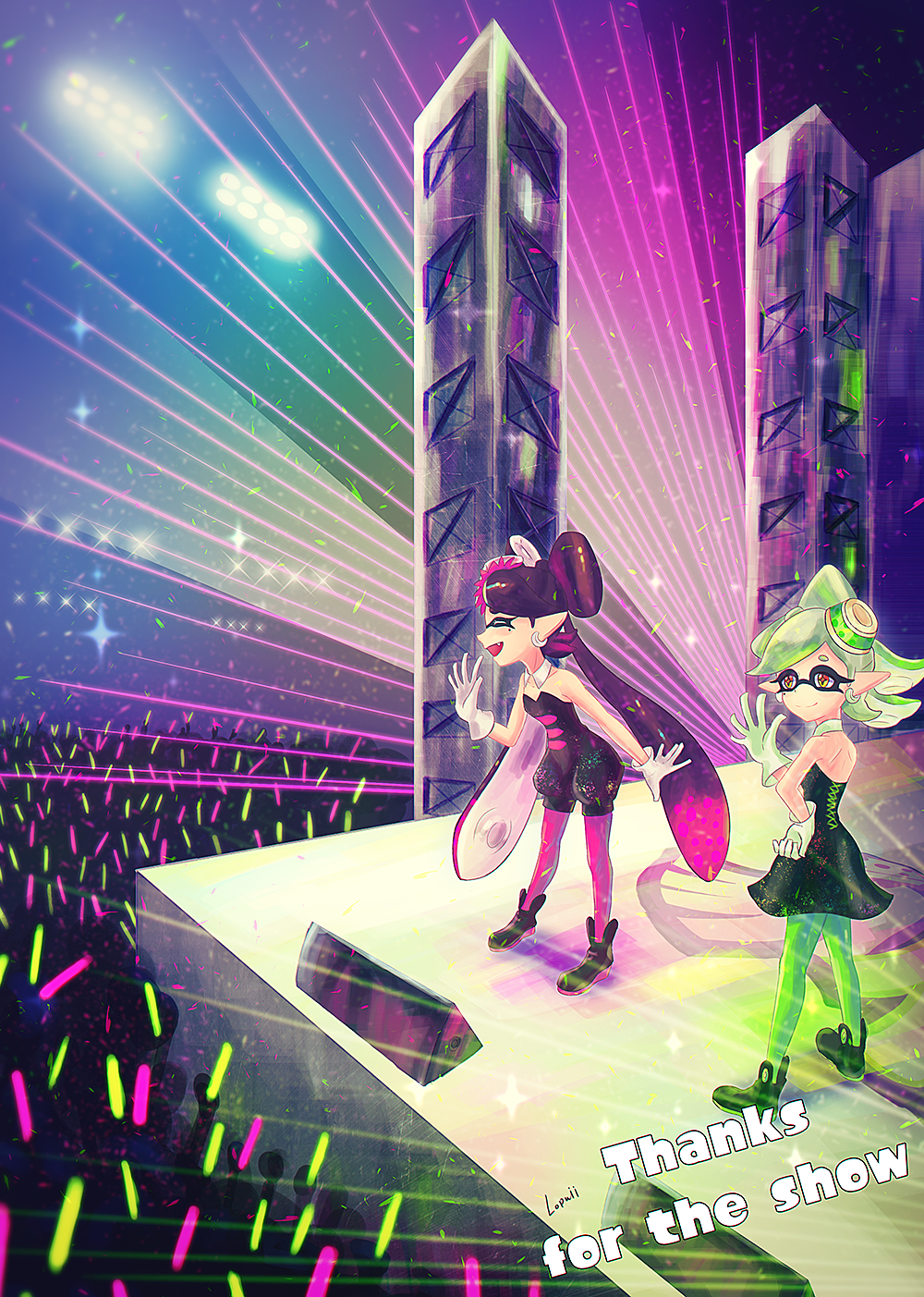 2girls, artist_name, bad_id, bad_pixiv_id, black_dress, black_hair, callie_(splatoon), callie_(squid_sisters_outfit)_(splatoon)