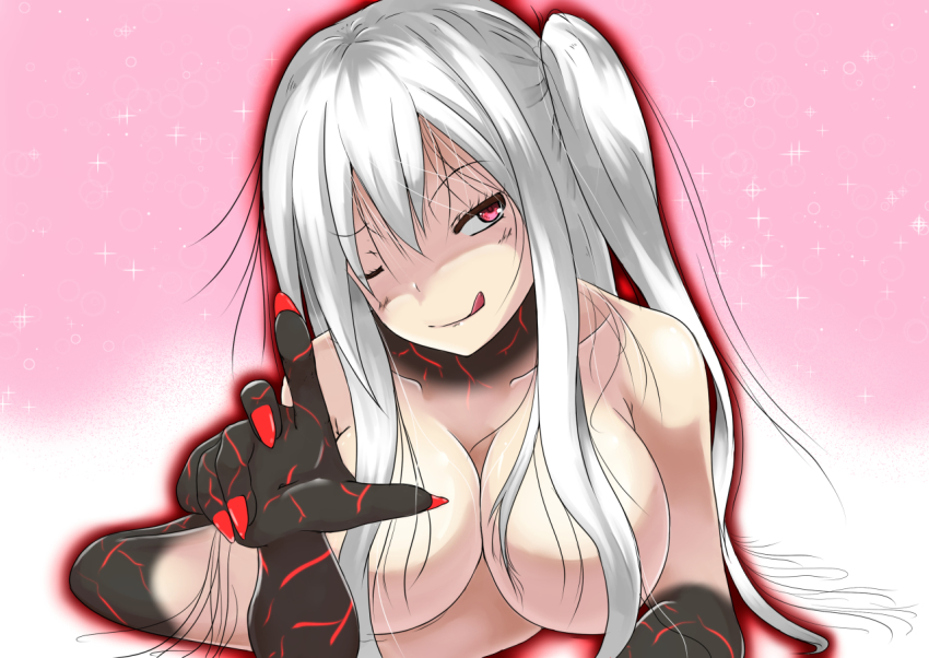 10s, 1girl, ;p, abyssal_ship, aircraft_carrier_oni, aircraft_carrier_princess, breasts, cleavage, female_focus, fingernails, kantai_collection, large_breasts, long_fingernails, naughty_face, one_eye_closed, one_side_up, pink_background, red_eyes, shigatsu_(soratobuusagi), side_ponytail, solo, tongue, tongue_out, white_hair