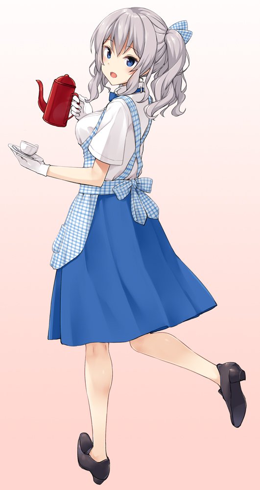 10s, 1girl, alternate_costume, apron, black_shoes, blue_apron, blue_eyes, blue_ribbon, blue_skirt, coffee_pot, cup, employee_uniform, female_focus, from_behind, from_side, full_body, gingham_apron, gingham_clothes, gingham_ribbon, gloves, gradient_background, grey_hair, hair_ribbon, kantai_collection, kashima_(kancolle), kobeya_uniform, looking_at_viewer, looking_back, looking_to_the_side, no_socks, open_mouth, pink_background, ribbon, saucer, shirt, shoes, short_sleeves, skirt, smile, solo, takayaki, teacup, teapot, twintails, two-tone_apron, two-tone_ribbon, waitress, wavy_hair, white_apron, white_gloves, white_ribbon, white_shirt