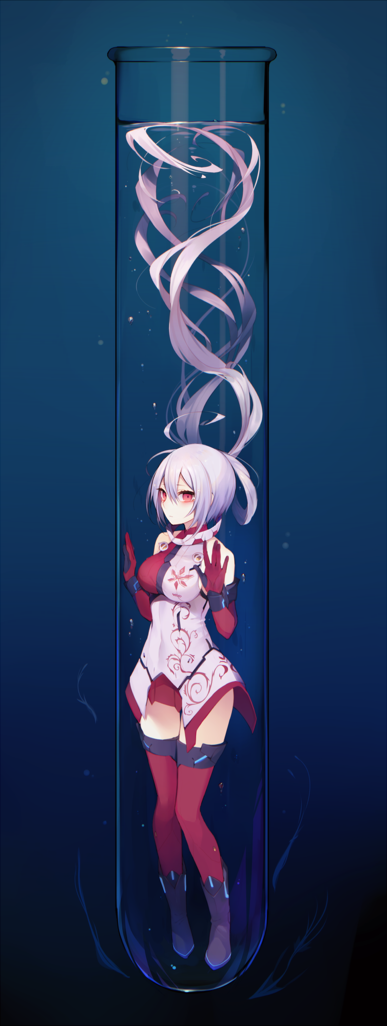 1girl, against_glass, ahoge, bad_id, bad_twitter_id, bare_shoulders, blue_background, blue_fire, breasts, expressionless, female_focus, fire, floating_hair, full_body, glowing, gradient_background, hair_between_eyes, highres, in_container, innocent_one, large_breasts, long_hair, long_image, looking_at_viewer, matoi_(pso2), muryotaro, phantasy_star, phantasy_star_online_2, red_eyes, silver_hair, simple_background, solo, submerged, tall_image, test_tube, thighhighs, thighs, twintails, very_long_hair, zettai_ryouiki