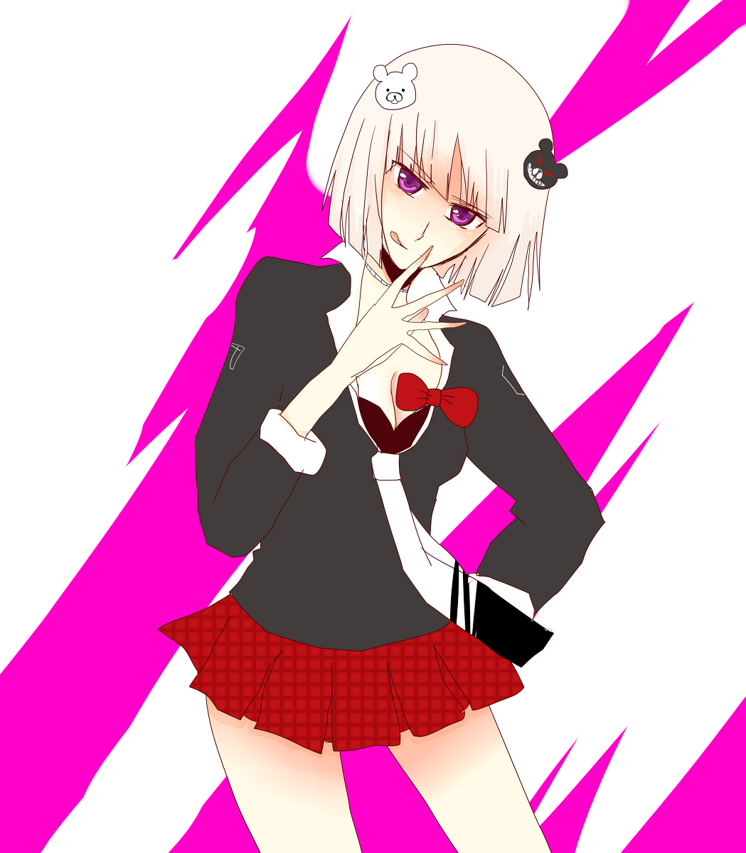 1girl, bow, breasts, cleavage, cosplay, danganronpa:_trigger_happy_havoc, danganronpa_(series), enoshima_junko