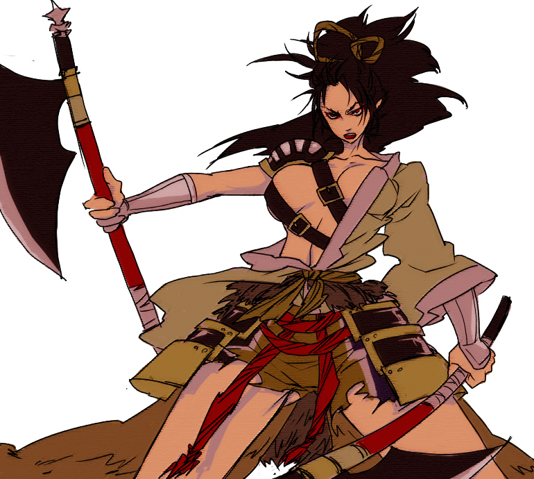 1girl, armor, axe, bad_id, bad_pixiv_id, belt, bow, bracer, breasts, breasts_apart, commentary_request, egawa_satsuki, female_focus, genderswap, genderswap_(mtf), japanese_armor, japanese_clothes, kimono, kote, kusazuri, large_breasts, no_bra, open_clothes, open_kimono, samurai, sengoku_musou, sengoku_musou_2, shibata_katsuie_(sengoku_musou), simple_background, solo, torn_clothes, warrior, weapon, white_background