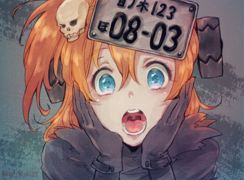 10s, 1girl, blue_eyes, crossover, dorohedoro, ebisu_(dorohedoro), female_focus, gecko4488, gloves, hair_ornament, hands_on_own_face, kosaka_honoka, license_plate, looking_at_viewer, love_live!, love_live!_school_idol_project, medium_hair, open_mouth, orange_hair, screaming, screw, side_ponytail, skull_hair_ornament, solo, upper_body, uvula