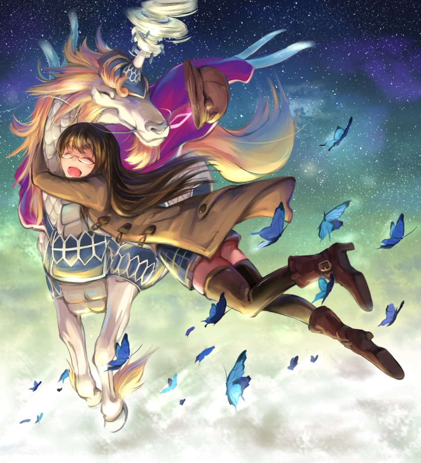 1girl, ^_^, ass, barding, blonde_hair, boots, brown_coat, brown_footwear