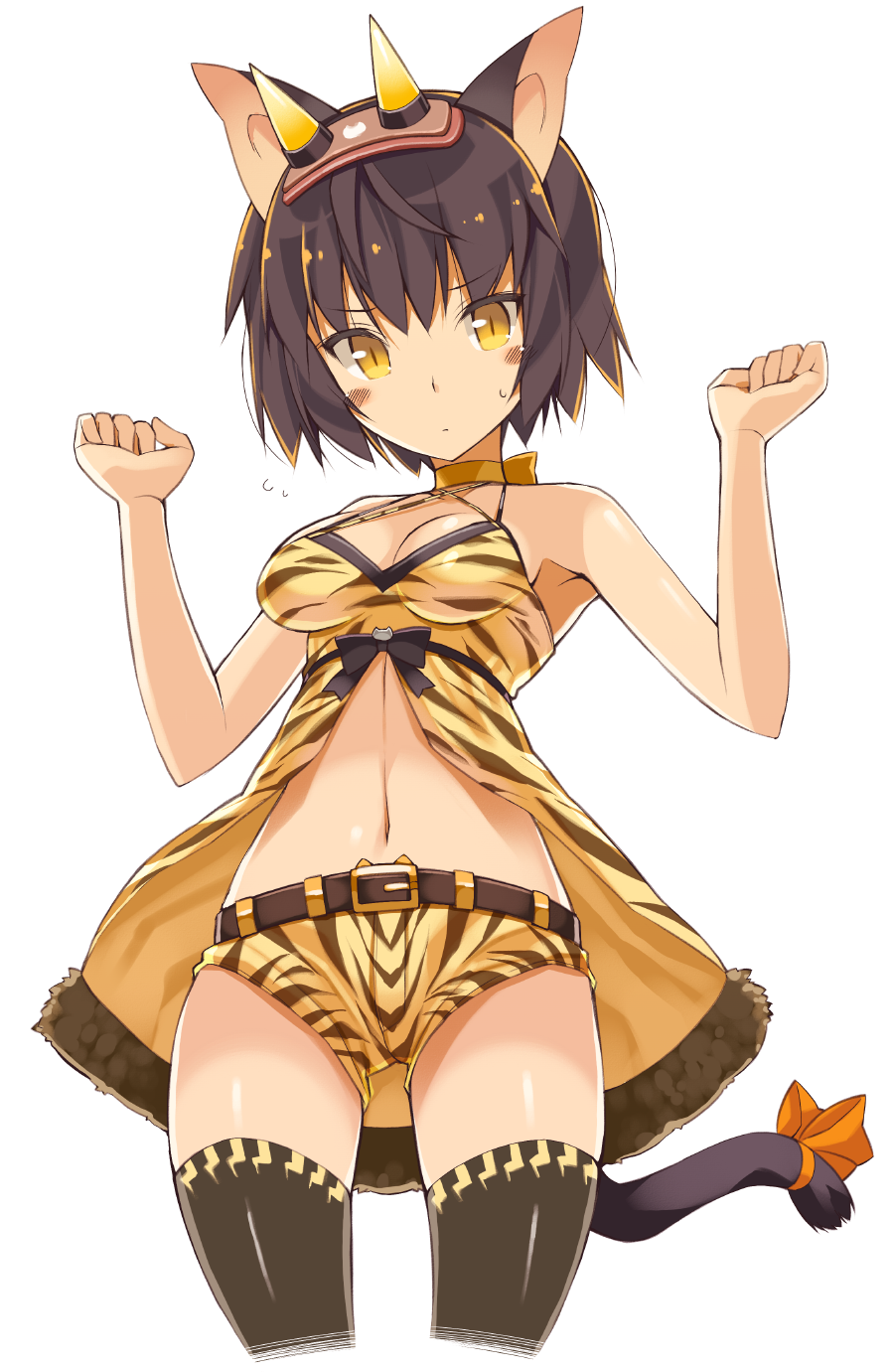 1girl, animal_ears, animal_print, babydoll, bare_shoulders, belt, black_hair, black_thighhighs