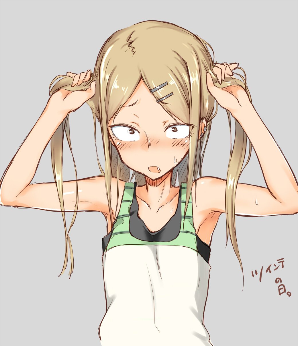 10s, 1girl, armpits, blush, brown_hair, bunching_hair, collarbone, dagashi_kashi