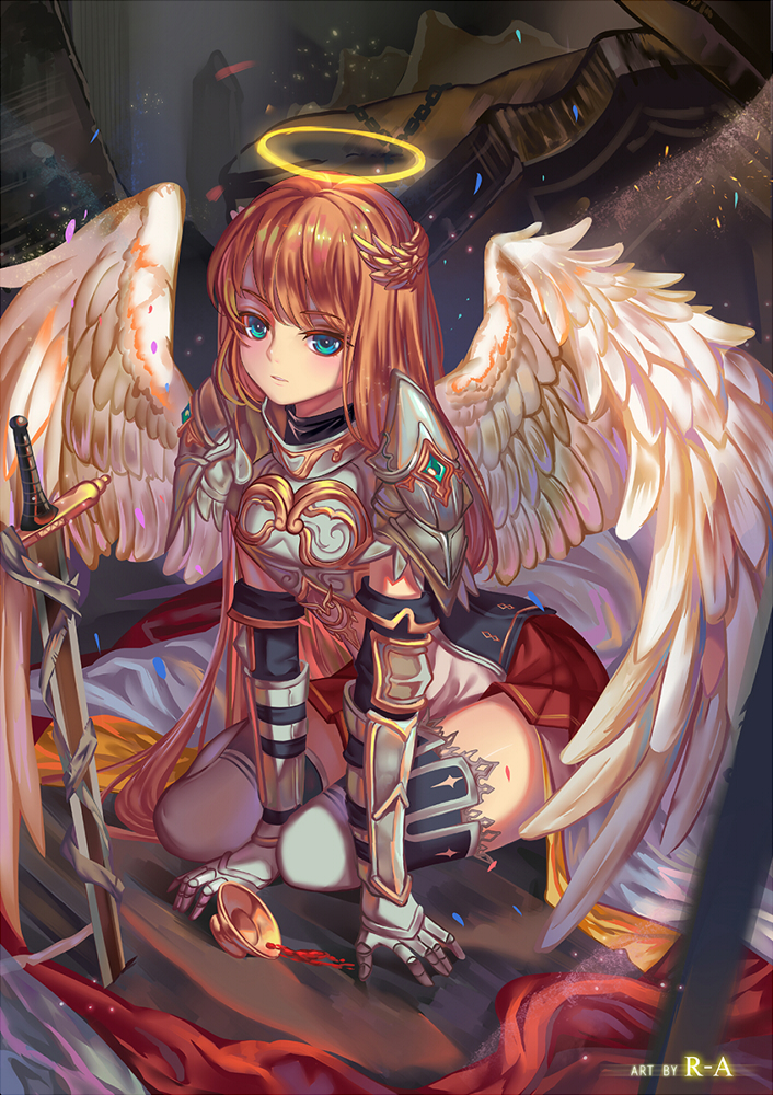 1girl, angel, angel_wings, arm_support, armor, aurora_rokudo, blue_eyes, breastplate