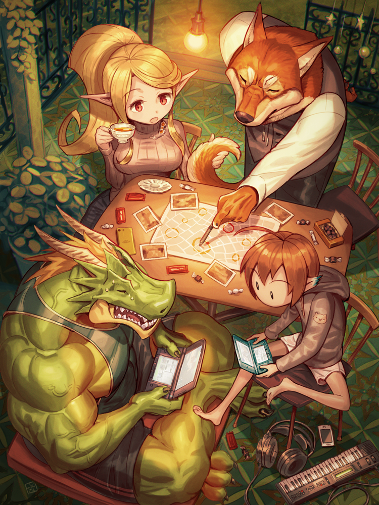 :o, ahoge, androgynous, animal_ears, bare_legs, barefoot, black_eyes, blonde_hair, breasts, brown_eyes, brown_hair, candy, carpet, cellphone, chair, claws, closed_eyes, crocodilian, cup, draconian, elf, fence, food, fox_ears, fox_tail, from_above, furry, furry_male, gender_request, handheld_game_console, headphones, headphones_removed, holding, holding_cup, hood, hood_down, hoodie, horns, indoors, instrument, ironwork, keyboard_(instrument), large_breasts, light_bulb, lizard_man, lizardman, long_hair, long_sleeves, looking_down, map, muscular, nintendo_3ds, open_mouth, original, outstretched_arm, parted_bangs, phone, photo_(object), plant, playing_games, playing_video_games, pointing, pointy_ears, ponytail, potted_plant, ribbed_sweater, saucer, sharp_teeth, shirt, short_hair, shorts, signature, sitting, smartphone, sweat, sweater, sweets, table, tail, tank_top, tea, teacup, teeth, turtleneck, veins, vest, waistcoat, werewolf, white_shirt, yamamoto_shikaku