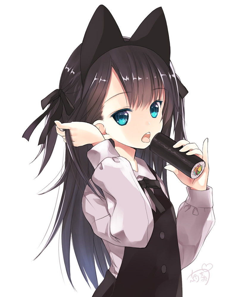 1girl, adjusting_hair, animal_ears, bad_id, bad_pixiv_id, black_hair, blue_eyes, capriccio